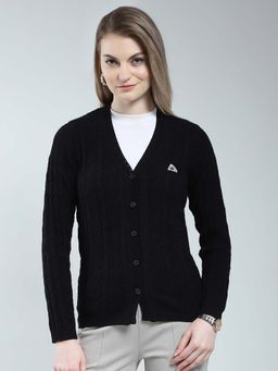 Monte Carlo - Black Women's Self Design V Neck Cardigan
