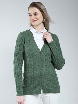Monte Carlo - Green Women's Self Design V Neck Cardigan