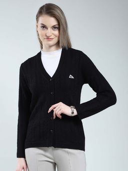 Monte Carlo - Black Women's Self Design V Neck Cardigan