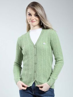 Monte Carlo - Green Women's Self Design V Neck Cardigan