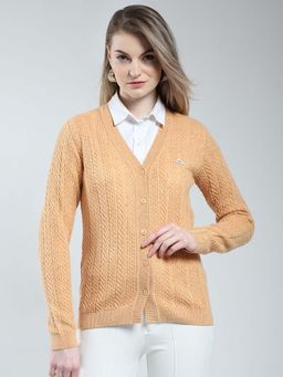 Monte Carlo - Orange Women's Self Design V Neck Cardigan