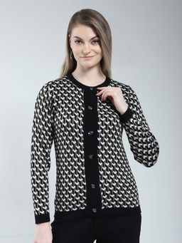 Monte Carlo - Black Women's Self Design Round Neck Cardigan
