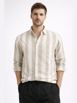XKIND - Beige Stripe Regular Fit Casual Shirt