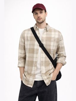 XKIND - Beige Checks Regular Fit Casual Shirt