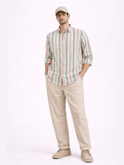 XKIND - Dark Green Stripe Regular Fit Casual Shirt