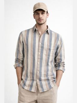 XKIND - Khaki Stripe Regular Fit Casual Shirt