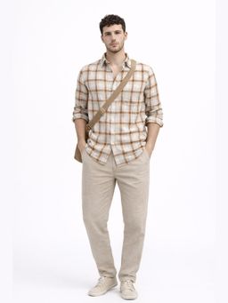 XKIND - Brown Checks Regular Fit Linen Blend Casual Shirt