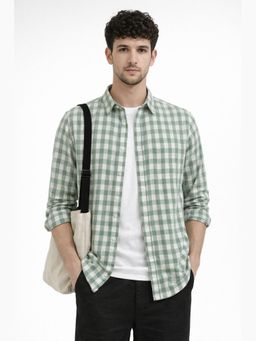 XKIND - Light Green Checks Regular Fit Linen Blend Casual Shirt