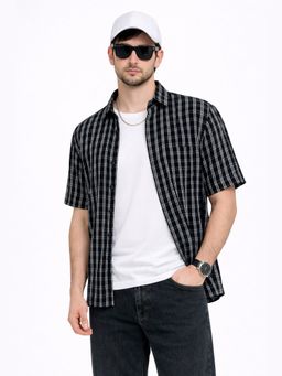 XKIND - Black Cotton Blend Regular Fit Short Sleeve Shirt