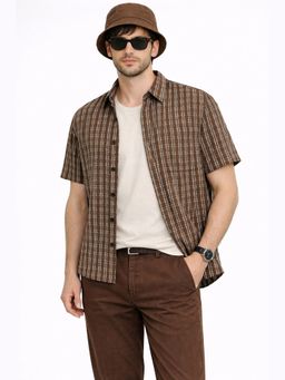 XKIND - Brown Cotton Blend Regular Fit Short Sleeve Shirt