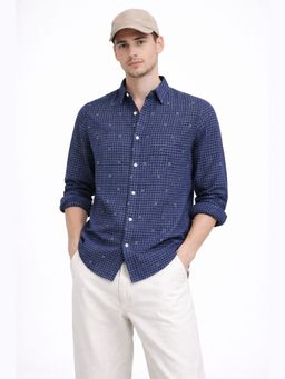 XKIND - Jacquard Cotton Navy Blue Regular Fit Casual Shirt