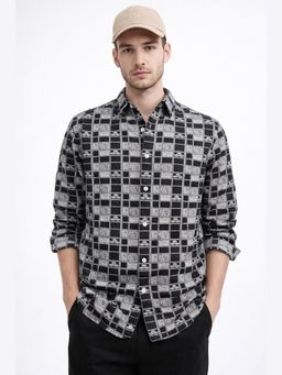XKIND - Jacquard Cotton Black Regular Fit Casual Shirt