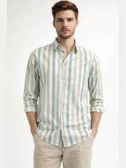 XKIND - Olive Stripe Regular Fit Casual Shirt