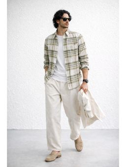XKIND - Green Checks Linen Blend Regular Fit Casual Shirt