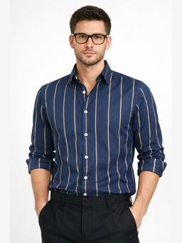 XKIND - Navy Blue Stripe Slim Fit Formal Shirt