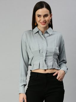 SHOWOFFFF - Women Shirt Collar Solid Grey Regular Top
