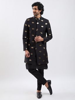 Vastramay - Mens Viscose Leaf Sequinned Work Sherwani Over Solid Kurta Pant - Black (Set of 3)