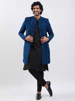 Vastramay - Mens Silk Blend Self Design Sherwani Over Viscose Kurta Pant - Teal (Set of 3)