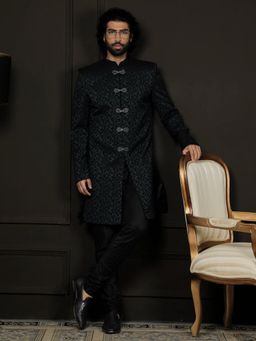 Vastramay - Mens Jacquard Indo-Western Over Viscose Pyjama - Green (Set of 2)