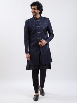 Vastramay - Mens Jacquard Indo-Western Over Viscose Kurta Pyjama - Navy Blue (Set of 3)