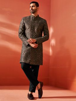 Vastramay - Mens Silk Blend Embroidered Sherwani with Pyjama - Brown (Set of 2)