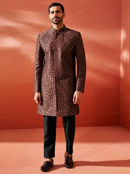 Vastramay - Mens Silk Blend Embroidered Sherwani with Pyjama - Rust (Set of 2)