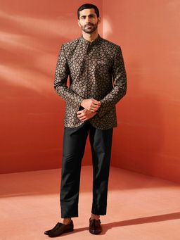 Vastramay - Mens Silk Blend Embroidered Jodhpuri with Pant - Brown (Set of 2)