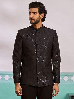Vastramay - Mens Silk Blend Embroidered Sequined Bandhgala Jodhpuri - Black