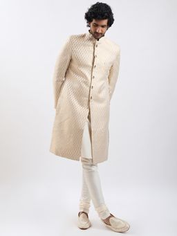 Vastramay - Mens Gold Silk Blend Woven Sherwani with Viscose Kurta Chudidar - Gold (Set of 3)