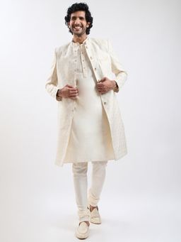 Vastramay - Mens Gold Silk Blend Woven Sherwani with Viscose Kurta Chudidar - Gold (Set of 3)