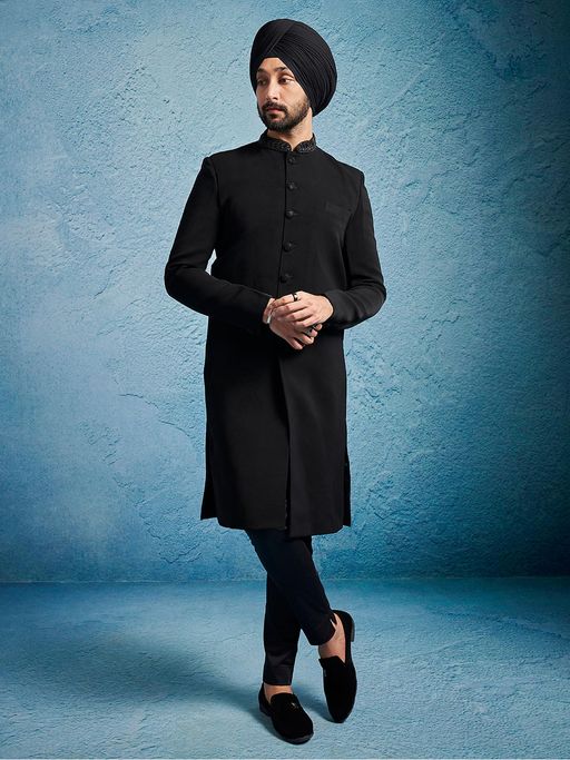 Vastramay Mens Black Solid Embroidered Collar Sherwani with Pant - Black (Set of 2)