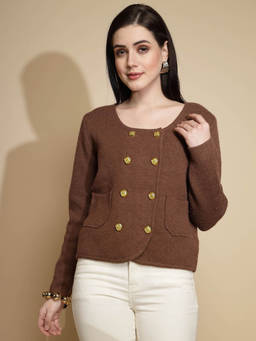 Global Republic - Brown Solid Round Neck Winter Pea Coat