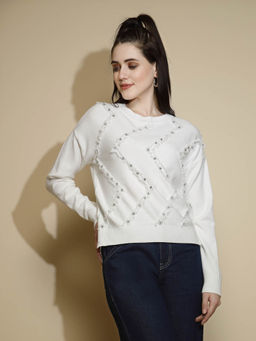 Global Republic - White Embellished Round Neck Sweater