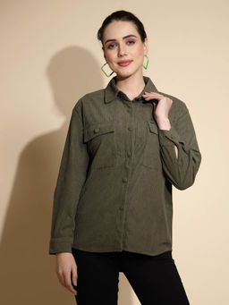 Global Republic - Olive Solid Full Sleeve Cotton Shirt