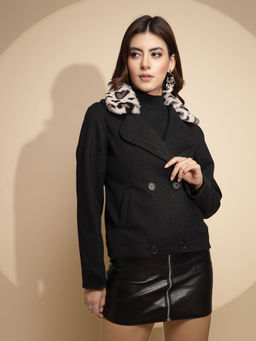 Global Republic - Women Black Fur Detail Wool Blend Coat