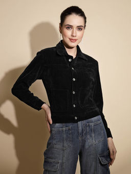 Global Republic - Black Solid Full Sleeve Suede Jacket