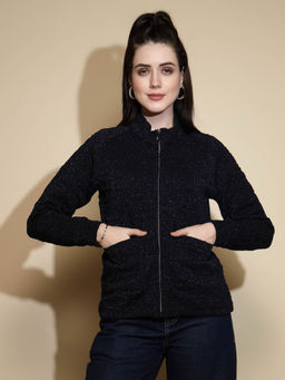 Global Republic - Navy Blue Self Design High Neck Sweatshirt