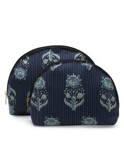 Praccessorii - Navy Blue Color Floral Printed Pouch Kit (Set of 2)