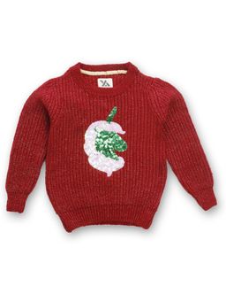 Yellow Apple - Self Design Round Neck Casual Baby Girls Maroon Sweater