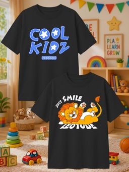 LEOTUDE - Black Cotton Round Neck Half Sleeves Printed T-Shirts (Pack of 2)