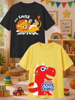 LEOTUDE - Multi-Color Cotton Round Neck Half Sleeves Printed T-Shirts (Pack of 2)