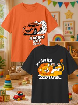 LEOTUDE - Multi-Color Cotton Round Neck Half Sleeves Printed T-Shirts (Pack of 2)