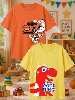 LEOTUDE - Multi-Color Cotton Round Neck Half Sleeves Printed T-Shirts (Pack of 2)