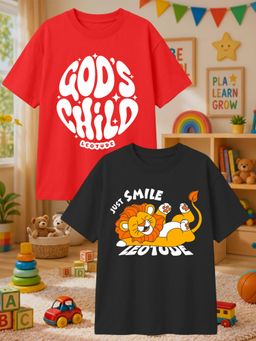 LEOTUDE - Multi-Color Cotton Round Neck Half Sleeves Printed T-Shirts (Pack of 2)