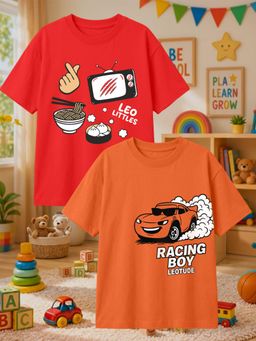 LEOTUDE - Multi-Color Cotton Round Neck Half Sleeves Printed T-Shirts (Pack of 2)