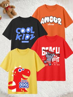 LEOTUDE - Multi-Color Cotton Round Neck Half Sleeves Printed T-Shirts (Pack of 4)