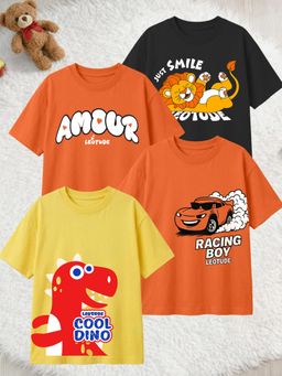 LEOTUDE - Multi-Color Cotton Round Neck Half Sleeves Printed T-Shirts (Pack of 4)