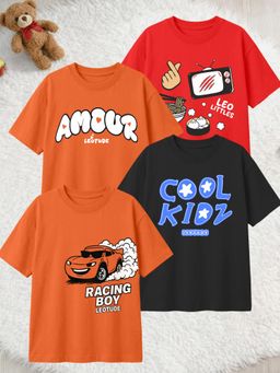 LEOTUDE - Multi-Color Cotton Round Neck Half Sleeves Printed T-Shirts (Pack of 4)