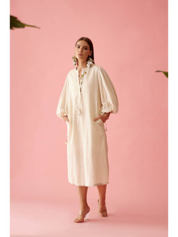 Nikasha - Cream A-Line Textured Flower Tassels Dress