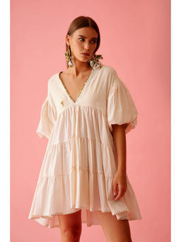 Nikasha - Cream Solid Bubble Sleeves Tier Dress